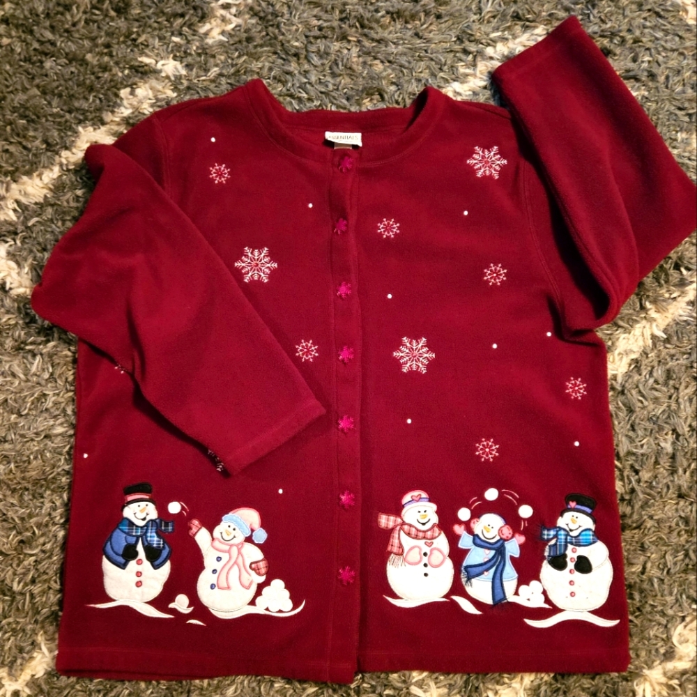 Essentials by Maggie~Burgundy~Snowman/ Snowflake~Fleece cardigan~Sz 18/20‎